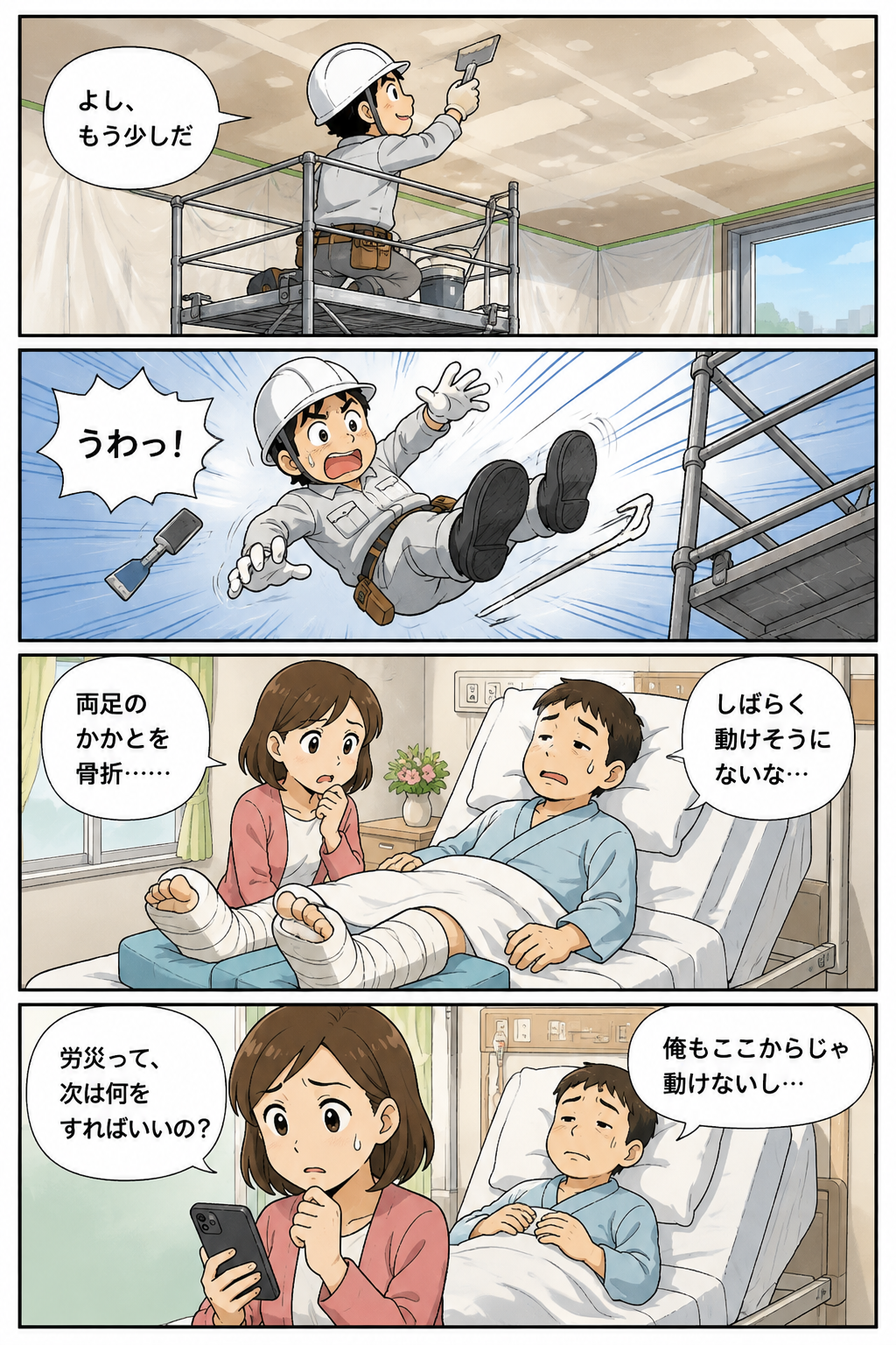 建設現場で塗装天井の下地処理をしていた一人親方の男性が、ローリングタワーから転落。両足のかかとを骨折して入院し、病室から動けない夫に代わって妻が「労災は次に何をすればいいの？」と不安を抱える4コマ漫画。