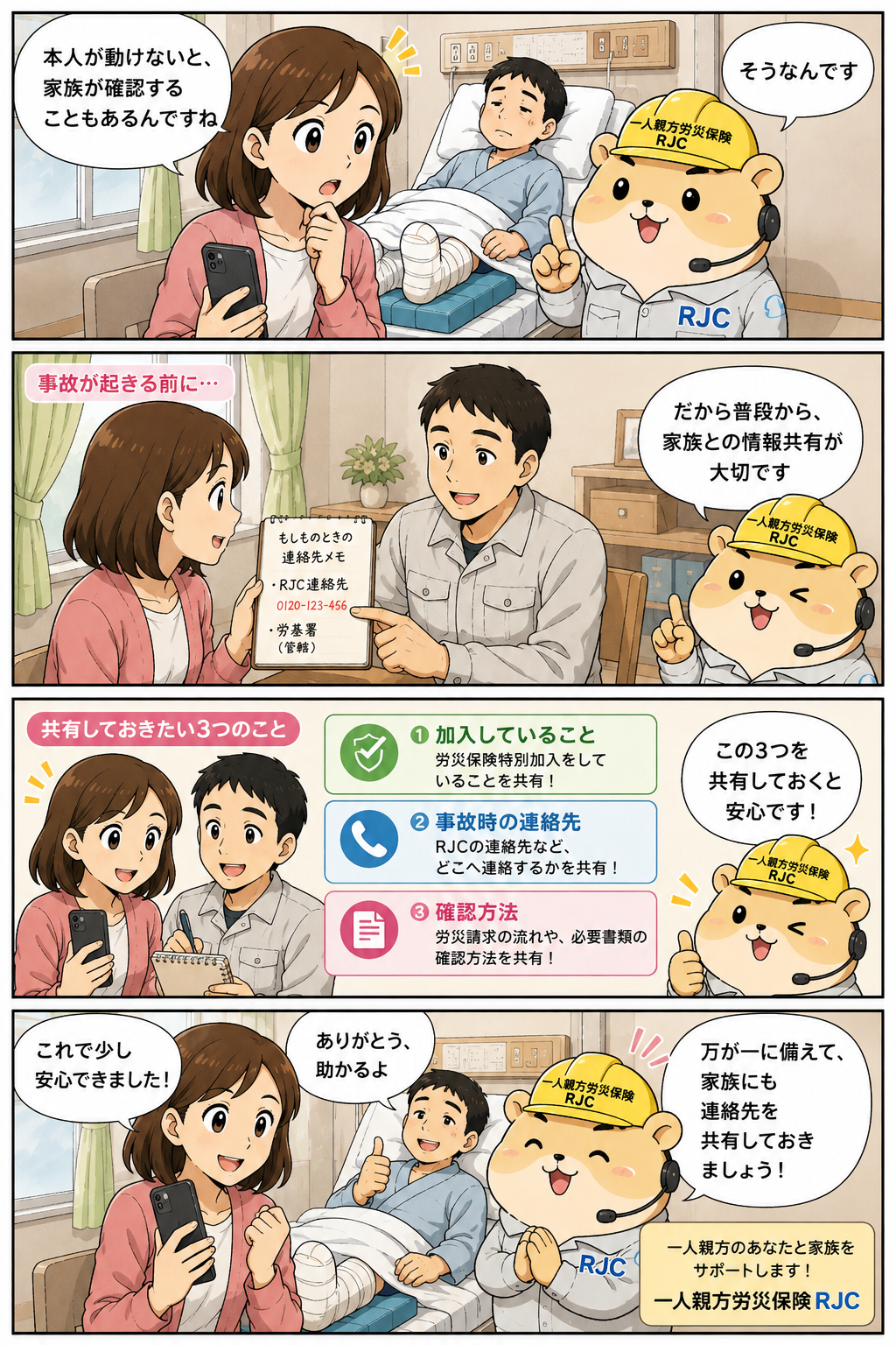 本人が動けない場合は家族が労災手続きを支えることもあると知った妻に、ハムローが家族との情報共有の大切さを説明。労災特別加入の有無、事故時の連絡先、確認方法を普段から家族で共有しておこうと伝える4コマ漫画。